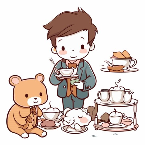 Illustration of a boy in a suit drinking tea with his teddy bear