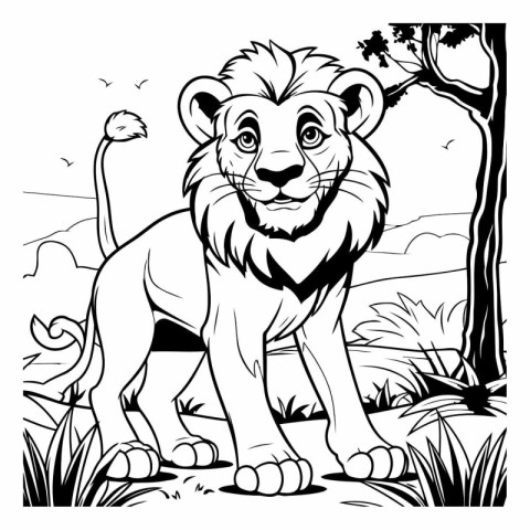 Black and White Cartoon Illustration of Lion Animal Character fo