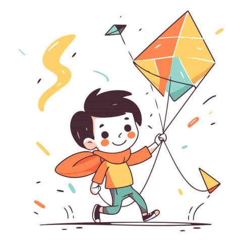 Cute boy playing with kite in cartoon style.