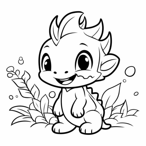 Coloring Page Outline Of a Cute Baby Dinosaur With Flowers