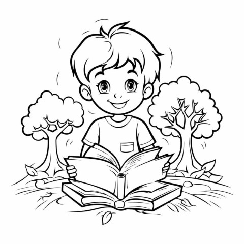 Boy reading a book. Black and white vector illustration for colo