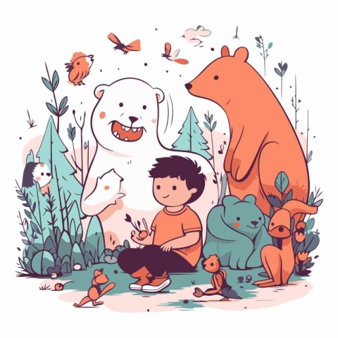 Cute vector illustration of a boy and animals in the forest.