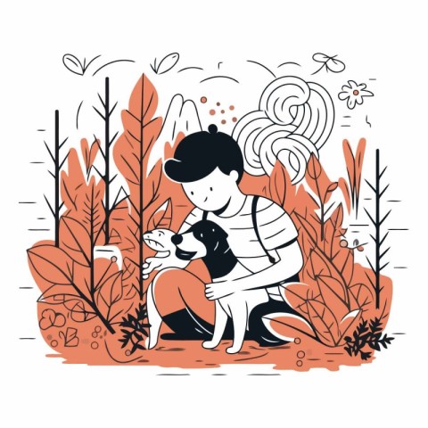 Vector illustration of a boy sitting with a dog in the park.