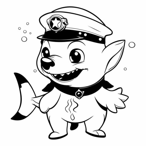 Black and White Cartoon Illustration of Cute Dog Captain Charact