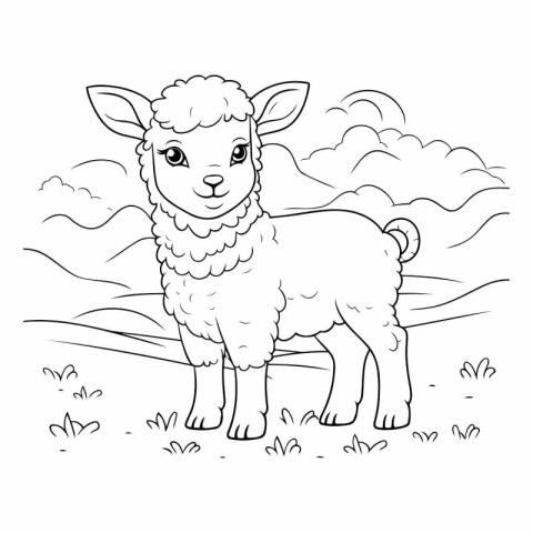 Cute little lamb in the meadow. Coloring book for children.