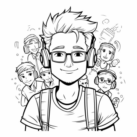 Vector illustration of a young man with glasses and many people