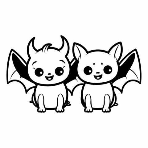 cute little bats couple kawaii characters  vector illustration d