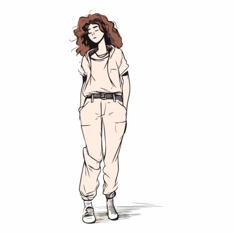 Fashion girl in sketch-style on white background.