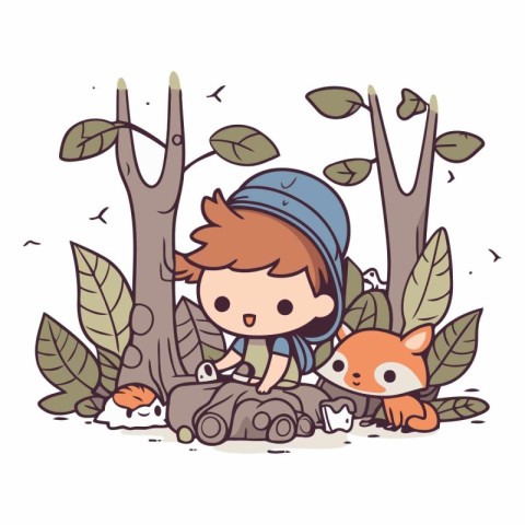 Cute little boy playing with foxes in the forest