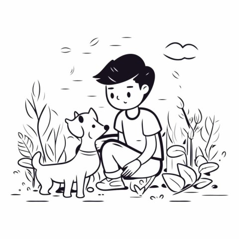 Boy and dog in the park in cartoon style.