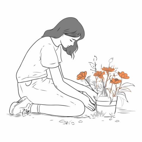 Woman planting flowers on the ground in sketch style.