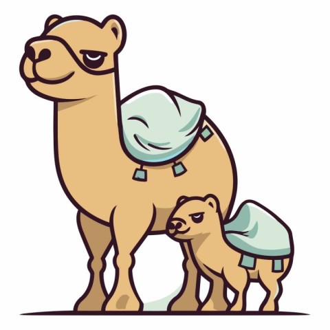 Camel and cub of a camel in cartoon style.