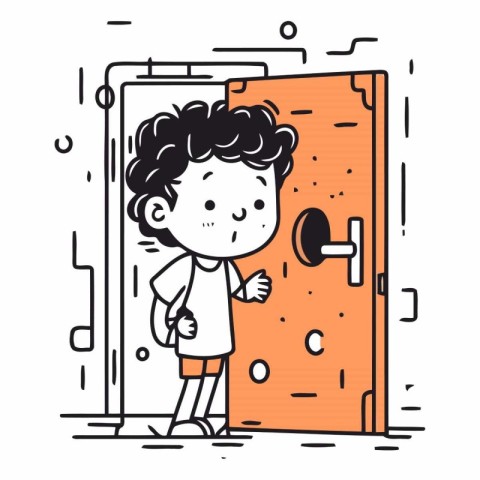 Cartoon boy standing in front of the door.