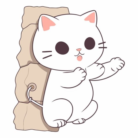 Illustration of a Cute Cat Sitting on a Rock. Vector