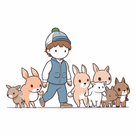Cute boy walking with a group of dogs.