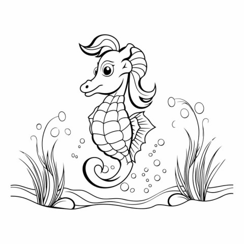 Seahorse. Coloring book for adults. Black and white vector illus