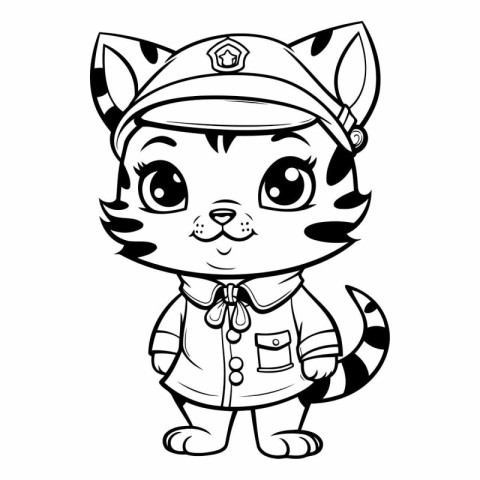 Black and White Cartoon Illustration of Cute Tiger Sailor Animal