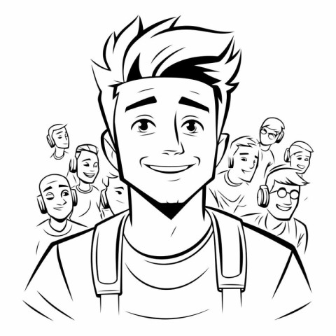 Young man with a smile on his face. Black and white vector illus