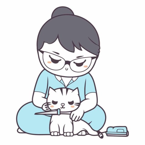 Vector illustration of a woman sitting with a cat in her lap.