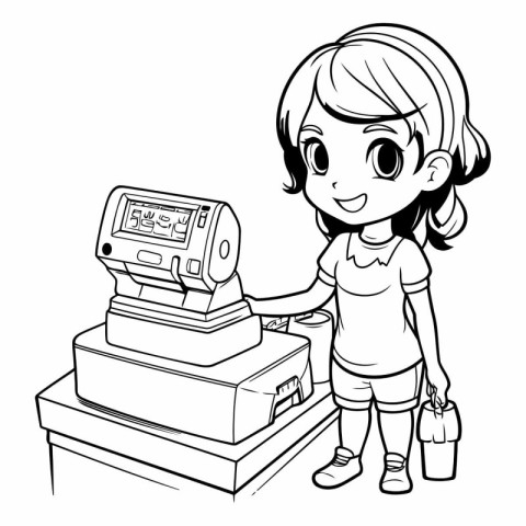 Black and white illustration of a little girl using a cash regis