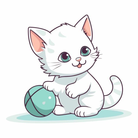 Cute cartoon white kitten playing with a ball.