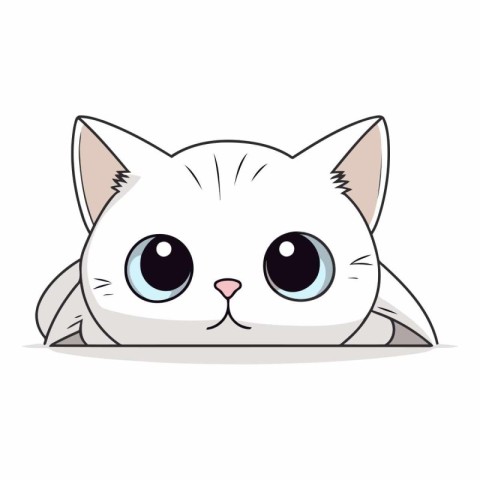 Cute cartoon white cat with big eyes isolated on white backgroun