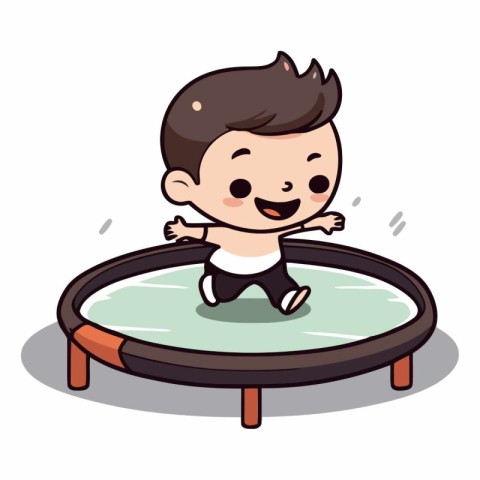 Cute Boy Jumping on Trampoline - Cartoon Vector Illustration