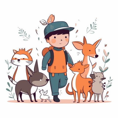 Vector illustration of a boy with a backpack and a group of anim