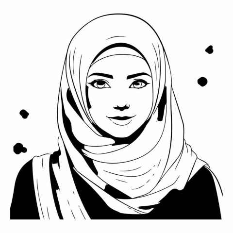 Beautiful muslim woman with hijab. Black and white vector illust