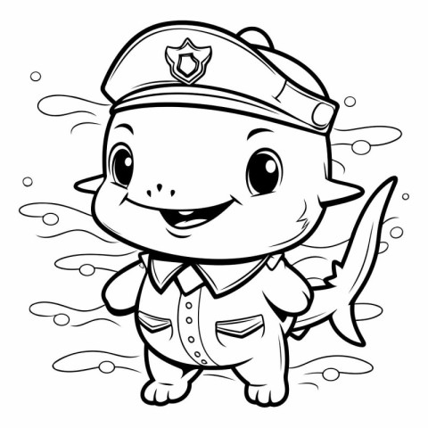 Black and White Cartoon Illustration of Cute Baby Shark Captain