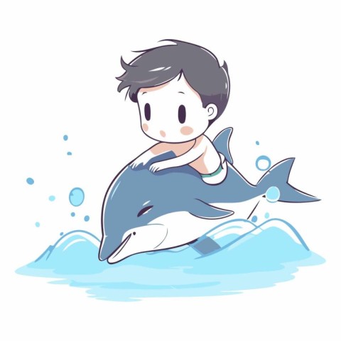 Illustration of a boy swimming with a dolphin on a white backgro