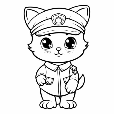 Black and White Cartoon Illustration of Cute Cat Police Officer