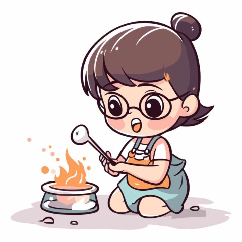 Cute little girl playing with a pot of food.