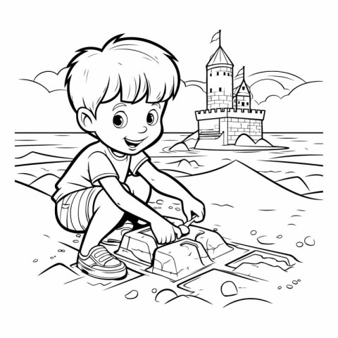 Boy playing on the beach. Black and white vector illustration fo