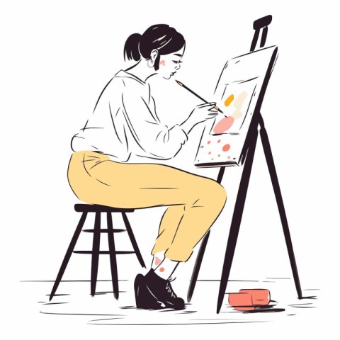 Vector illustration of a young woman drawing a picture on canvas