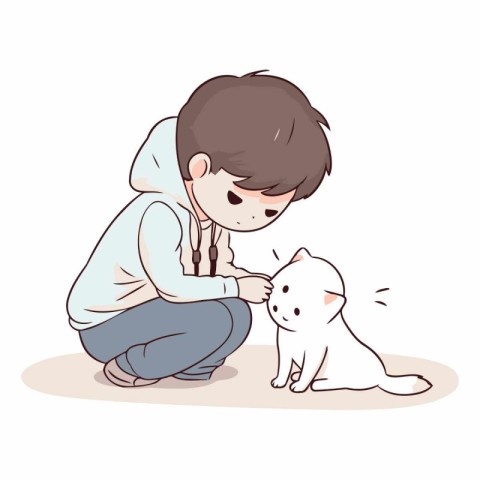 Boy playing with a white cat. Cute cartoon vector illustration.