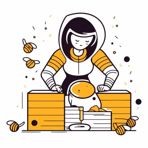 Beekeeper with bees and honeycombs in linear style.