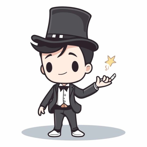 Magician boy with wand and top hat cartoon character vector illu