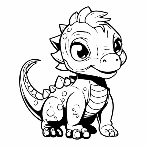 Cute Dinosaur - Black and White Cartoon Illustration. Isolated O