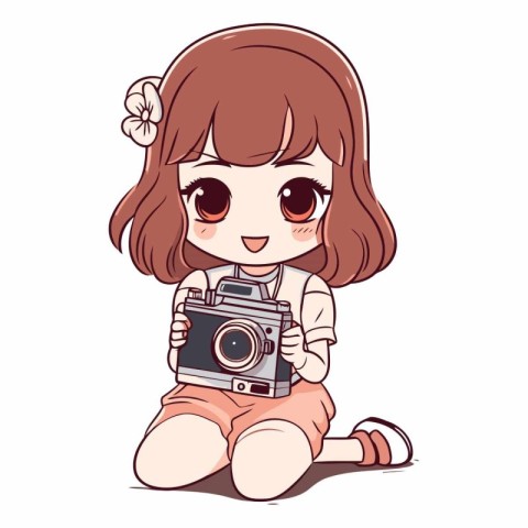 Cute little girl with vintage camera on white background.