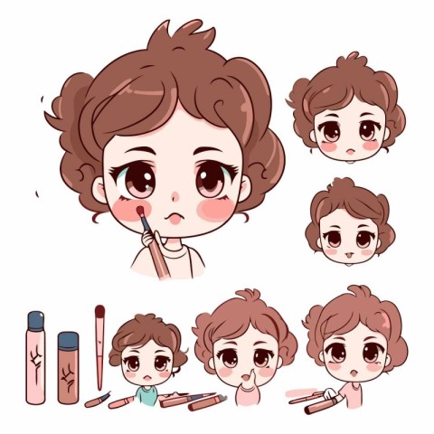 Cute cartoon girl with different facial expressions set.