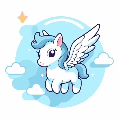 Cute cartoon unicorn with wings and clouds in a flat style.