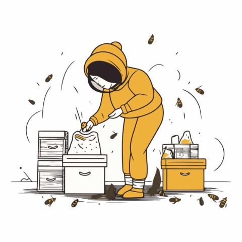 Beekeeper at work. Beekeeping concept. Hand drawn vector illustr