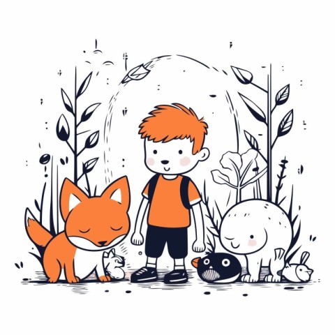 Cute little boy playing with foxes in the park.