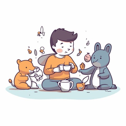 Little boy drinking tea with his friends in cartoon style.