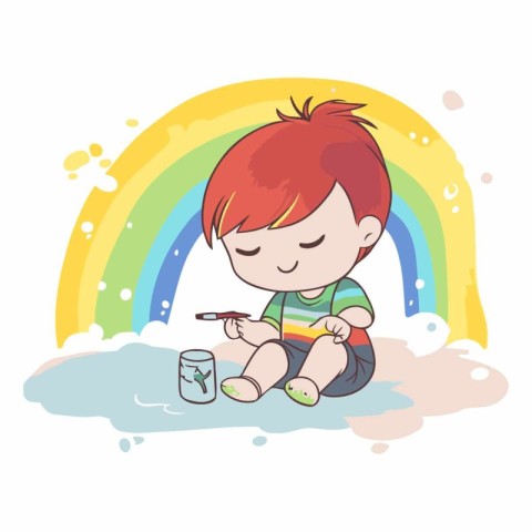 cute little boy painting with paintbrush on the rainbow vector i