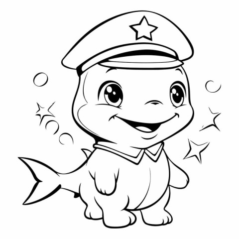 Black and White Cartoon Illustration of Cute Baby Shark Sailor C