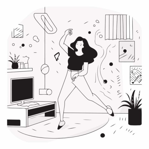 Girl dancing in the living room in sketch style.