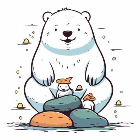 Polar bear sitting on a rock with a cat.