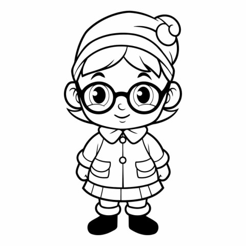 Black and White Cartoon Illustration of Cute Little Girl in Wint